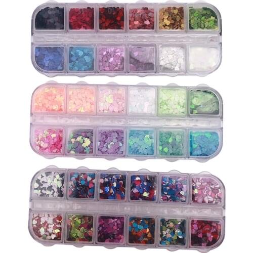 12PCS Nail Sequins Set Multi-size Iridescent Heart Glitters Nailart Paillettes Nail Art Decoration UV Gel Polish