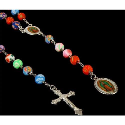 8MM soft ceramic rosary necklace, Catholic soft clay Jesus cross necklace. Guadalupe Madonna Accessories