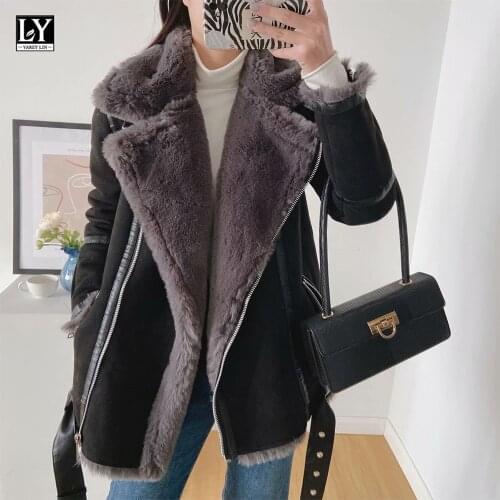 LY VAREY LIN Winter Women New Overcoat Faux Leather Fur Splicing Leather Coat Moto Bike Loose Jacket Snow Warm Outwear with Belt