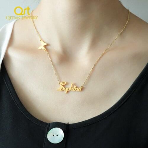 Qitian Personalised Custom Name Necklace With Butterfly Symbol Stainless Steel Nameplate Chocker Handmade Gift for Women Pendant