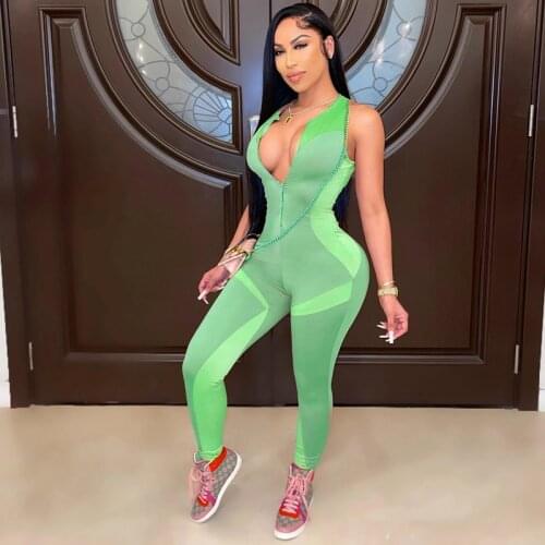 TNNAOFF Sexy Elastic Bodycon Jumpsuit for Women Summer Fashion Sleeveless Zip One Piece Streetwear club Sporty Fitness Romper
