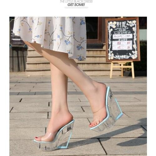 Sexy Ultra-high Heel Cool Slippers High Transparent Slope Crystal Waterproof Platform Sexy Open-toed Sandals