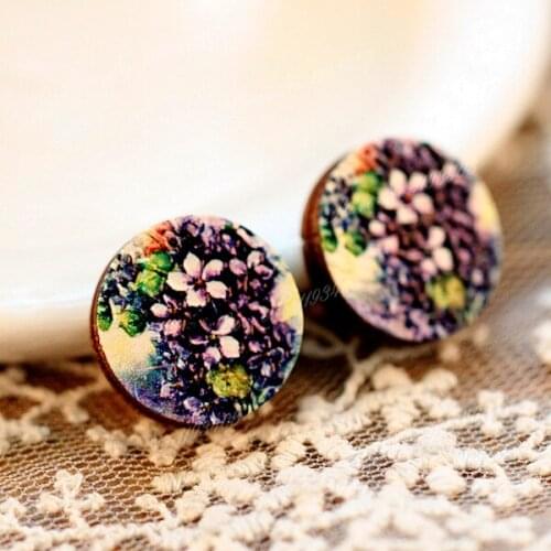 Unique 3D Flower Embossed 16mm Round Coloured Drawing pattern Laser Cut wood Cabochon DIY for Rings, Earring,Brooch,Necklace