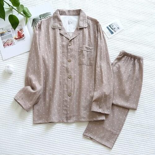 Spring 100% Cotton Double-layer Gauze Couple Pajamas Men / Women Thin Long Sleeve Trousers Turn-down Collar Home Clothes 2 Piece