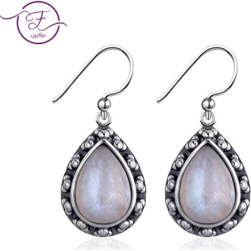 Jewelry S925 Sterling Silver Drop Earrings Large Pear Shape 10 * 14MM Natural Moonstone Earrings Anniversary Gift Wholesale
