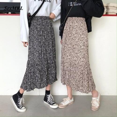 Vintage Floral Printed Pleated Long Skirts 2021 Summer Women Clothes Korean Skirt Streetwear Drawstring Elastic Waist Midi Skirt