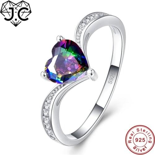 J.C Rainbow Fire Mystic Topaz 925 Sterling Silver Ring Size 6 7 8 9 For Women Original Fine Jewelry Heart Romantic Wedding Gifts