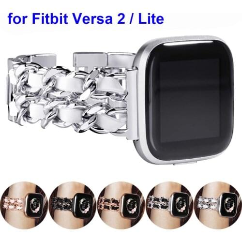 Link Bracelet for Fitbit Versa 2 Band Jewelry Strap for Fitbit Versa Lite Watchband Stainless Metal Silver with White Leather