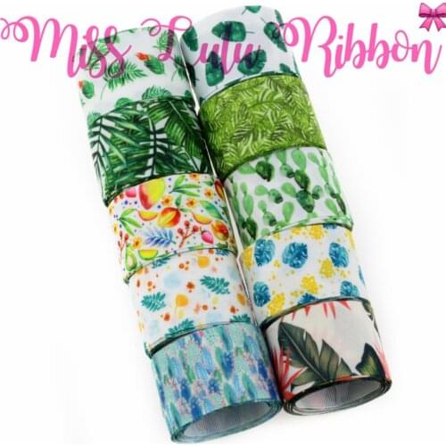 16mm-75mm Leaf Series Green Leaves Cactus Flower Patterns Printed Grosgrain/Foe Ribbon Water Color DIY Party Decor 50yards/roll