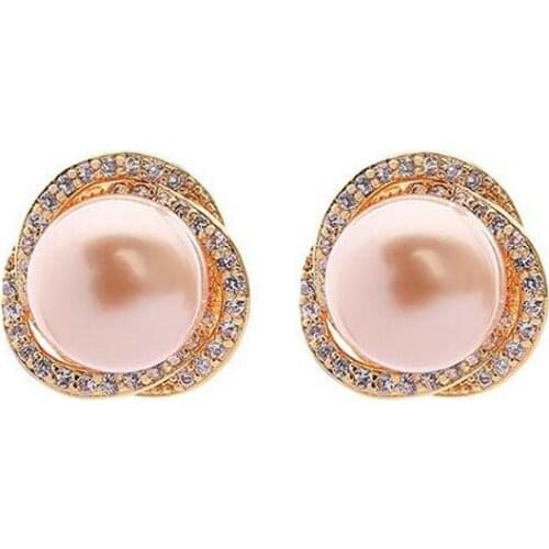 2020 New Fashion Pearl Stud Earrings For Women Pink Freshwater Pearl Round Crystal Rhinestone Ear Stud Earrings Jewelry Party