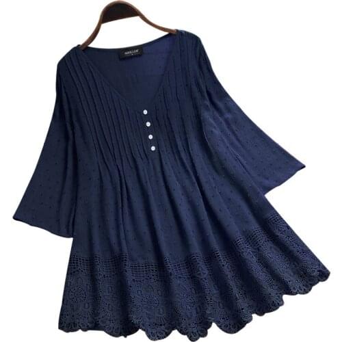 4XL 5XL plus size tops Cotton linen button 1/2 sleeve v neck hollow patchwork loose tunic women solid white green pink blouse