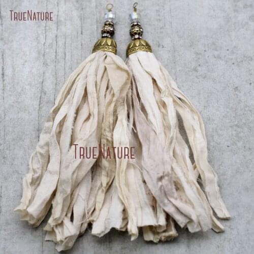 Boho Chic Rustic Style Tassel Charm Long Ivory Soft Sari Silk Tassel Pendant Bronze Beads Cap Jewelry In 6.8 inch PM8971
