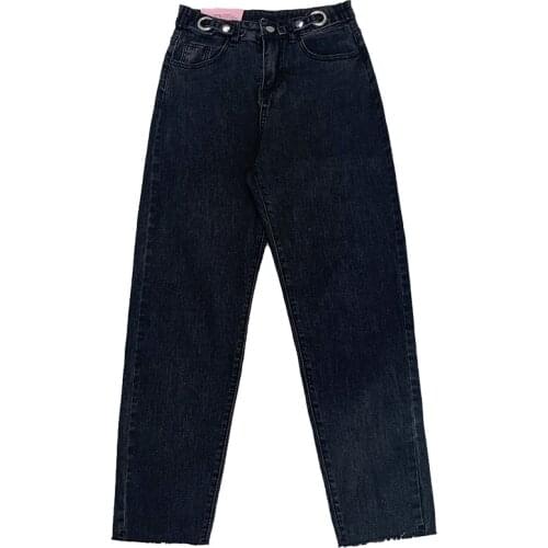 Retro blue buckle raw edge frosted white Korean high-waisted loose slim straight-leg jeans pants