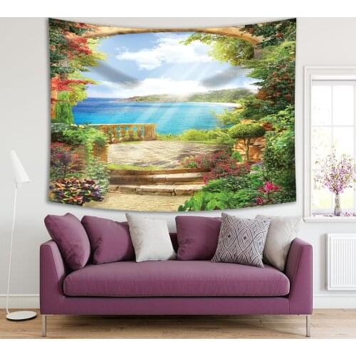 Tapestry Colorful Flowers Plants Garden and Ancient Stone Arch with Access to the Sea Sunny Summer Day View Green Blue beige