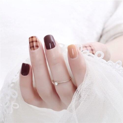 24pcs faux nails Dark Coffee Brown False Nails Grid Artificial Fake Nails Full Cover Press on Nails Short Tips with Glue