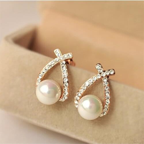 Korea New Fashion Gold Silver Color Cross Crystal Stud Earrings For Women Elegant Cute Pearl Earrings Brincos Jewelry Wholesale