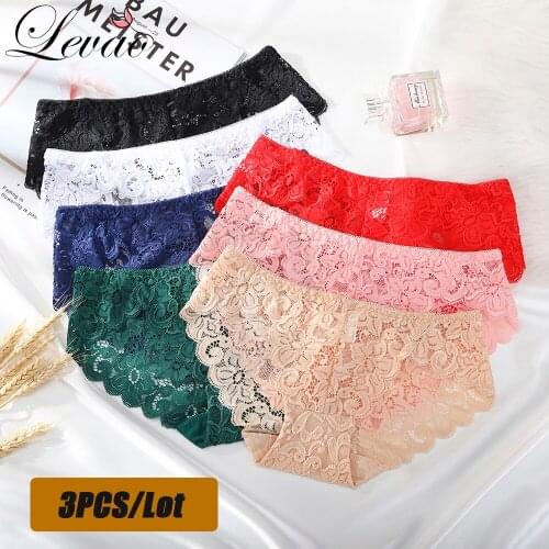 LEVAO 3PCS Womens Transparent Low Waist Floral Underwear Panties Women Lace Soft Briefs Sexy Female Ladies Underpants Lingerie