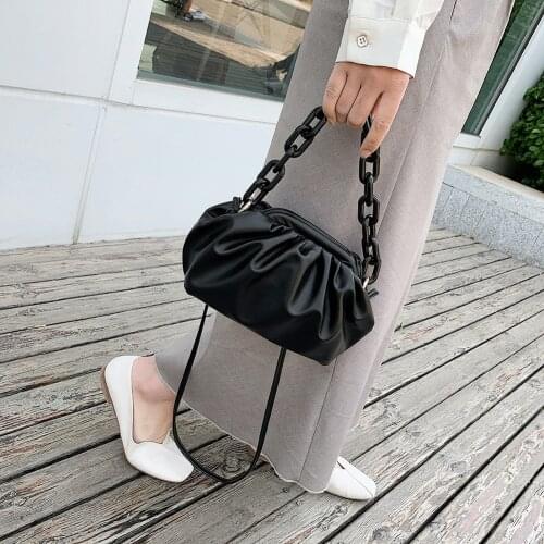 Fashion Pleated Soft PU Leather Single Shoulder Bag Women Thick Chain Dumpling Tote bag Solid Color Cloud Messenger Handbag