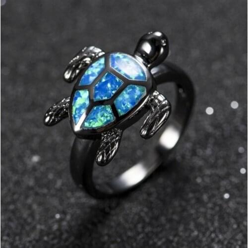 Fashion Blue Tortoise Fire Opal Ring for Women Black Jewelry Engagement Animal Design Finger Turtle Ring