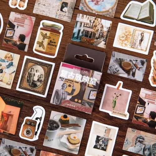 Mohamm 45 PCS Boxed Stickers Retro Screening Room Series Decoration Sticker Flakes Scrapbooking Gift Girl School Supplies