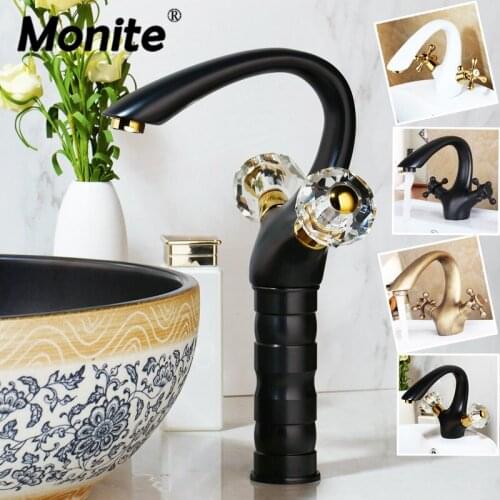 Monite Black Swan Design Bathroom Basin Sink Mixer Tap Faucets White Antique Brass Polish Diamond 2 Handles Basin Mixer Faucet