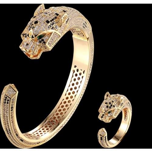 Fateama luxury animal leopard bangle with ring jewelry set withe zircon add black zircon intersperse bracelet fashion jewelry