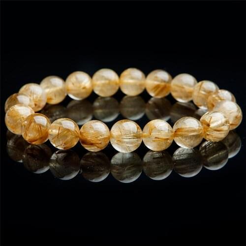 11mm Natural Brazil Golden Rutilated Quartz Crystal Clear Round Beads Jewelry Women Charm Bracelet