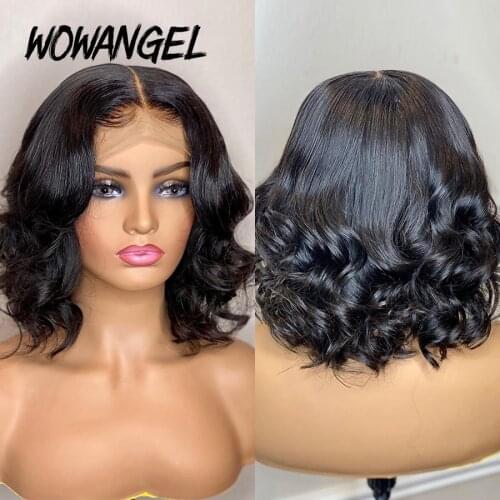WOWANGEL 4x4 Lace Closure Human Hair Wigs 180 Density Remy Hair Brazilian Wavy Bob With Pre Plucked Bleached Knots Natrual Color