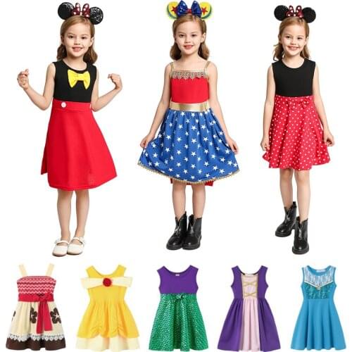Little Mermaid Girls Dress Mickey Minnie Snow Queen Elsa Anna Belle Moana Elena Snow White Princess Party Fancy Casual Dress