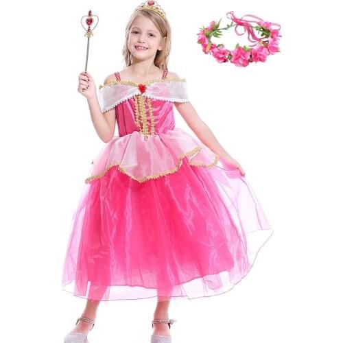 Girls Sleeping Beauty Aurora Dress Kids Aurora Princess Ball Gown Children Fancy Party Prom Frocks Rose Red Off Shoudler Costume