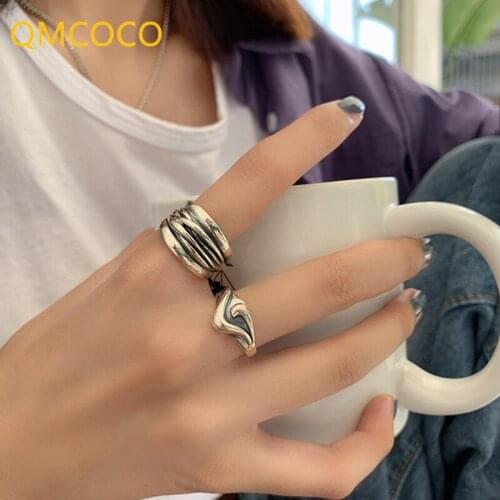 QMCOCO 925 Silver Retro Distressed Multi-Layer Line Woven Chain Stacking Rings Trend Handmade For Couple Gift