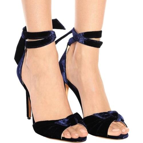 Unisex Men Women Navy Pink Velvet Sexy Peep Toe Cross-tied Ankle Strap Stiletto Heel Sandals High Heel Dress Shoes Size 43 44 45