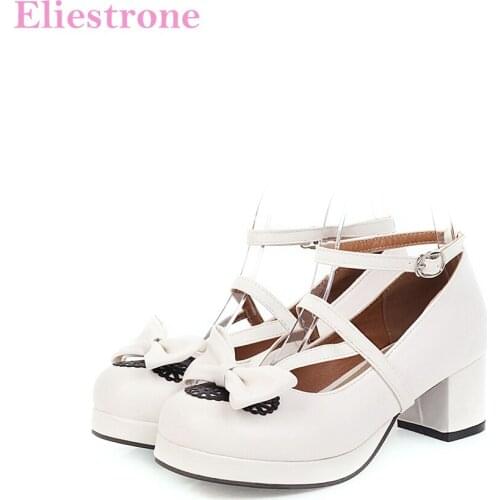 Brand New Comfortable White Brown Women Pumps Square Med Heels School Lady Shoes LA273 Plus Big Size 10 43 45 48