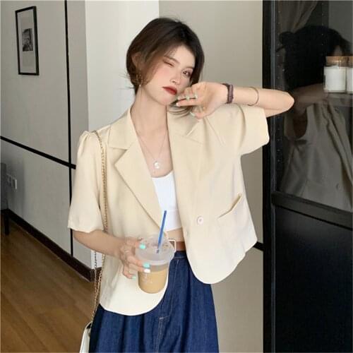 Cropped Blazer Women Summer Short Sleeve Vintage Pocket Chic Popular Korean Ladies Outwear All-match Simple Notched Clothing Ins