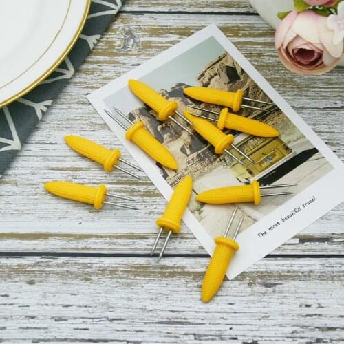 10pcs Creative Corn Forks Stainless Steel Corn Picks BBQ Skewers Fruit Pins Forks Picnic BBQ Accessories Plastic Corn Holders