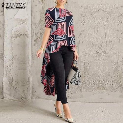 ZANZEA Stylish Women Asymmetrical Blouse Summer Short Sleeve Printed Shirt Casual O Neck High Low Long Tops Tunic Loose Blusas