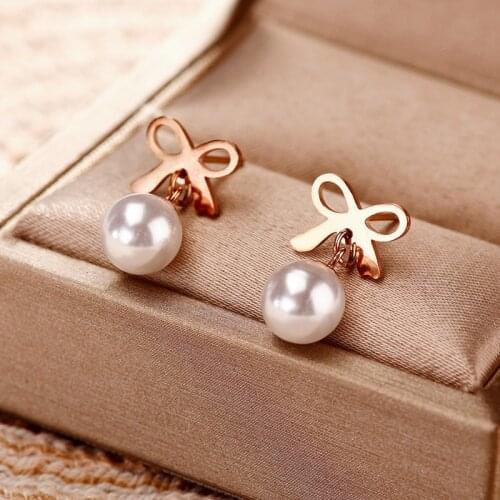 Elegant Bowknot Pearl Drop Earrings For Women No Fading Rose Gold Color Stainless Steel Statement Earrings Vintage Jewelry Gift