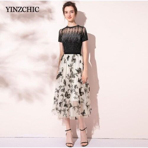 New Woman Slim 2pcs Set Black Knited T-shirt Mesh A-line Skirt Suits for Woman Ladies Elegant Embroidery Skirt Shirt Sets