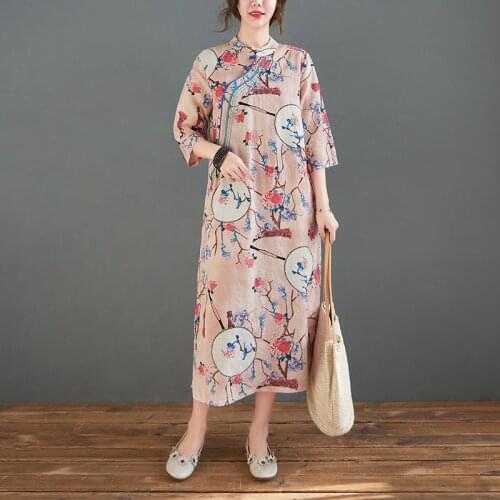 2021 New Spring Summer Dress Embroidery Linen Cotton Print Floral Chinese Style cheongsam Vintage Dress Women Casual Dress