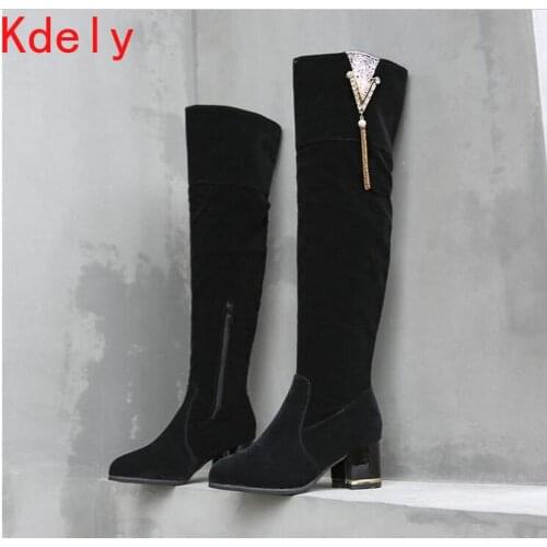 Winter Women Over The Knee Boots Suede Thigh High Shoes Zipper Female Square Heels Lace Up Fashion Ladies Footwear Plus Size