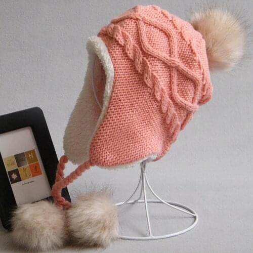 Winter Children Hat Racoon Pompom Ball Cap For Boys Girls Thickened Warm Knitted Hats Kids Ear Flap Cap