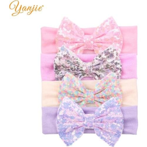 2021 New Arrival 5" Sequin Hair Bows headband Cotton Solid Elastic Wholesale European Hair Accessories For Girls
