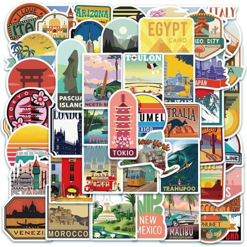 50pcs Travel City Landscape Cartoon Graffiti Sticker DIY Motorcycle Skateboard Suitcase Notebook Waterproof Sticker Decals