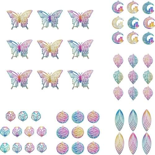 50pcs Stainless Steel Filigree Pendants Multi-color Leaf Moon Butterfly Shape Charms Pendant for DIY Jewelry Making Accessories