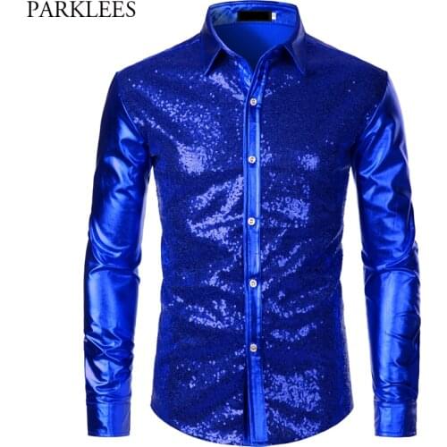 Shiny Blue Glitter Shirt Men Brand New Embellished Mens Sequins Shirts Chemise Homme Metallic Disco Club Stage Shirts Costume