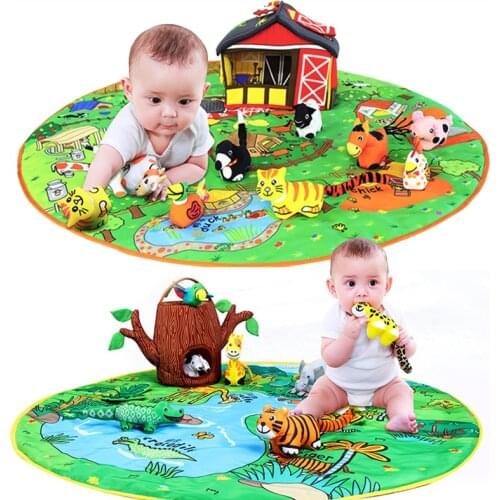 Children Happy Play Blanket Kids Early Education Cartoon Animal Park Blanket Rattle Bell Three-Dimensional Cloth Doll Grasp Toy