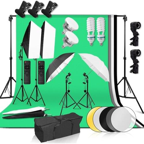 Photography Softbox Umbrella Background Support Kit 85W Dimmable LED Bulb 4 Color Backdrops 2m Adjustable Tripod Reflector Board