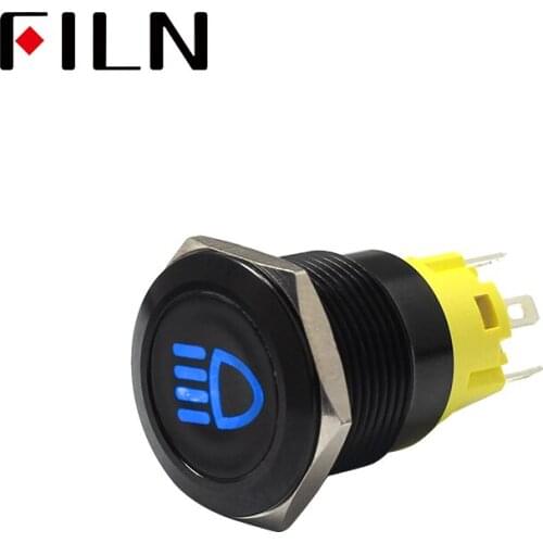 19mm 12v LED black shell metal push button switch dashboard custom High beam symbol momentary latching on off car racing switch