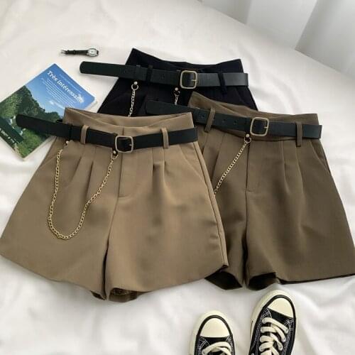 With Belt Chain Suit Shorts 2021 New Korea Fashion Women A-Line Wide Leg Shorts Office Lady High Waist All-match Casual Shorts