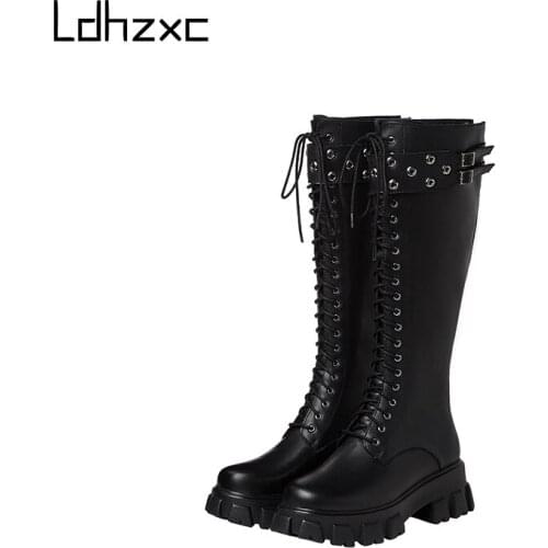 LDHZXC Winter Women Knee High Boots New Party Night Club Shoes Woman Black Colors Genuine Leather Ladies Long Riding Boots